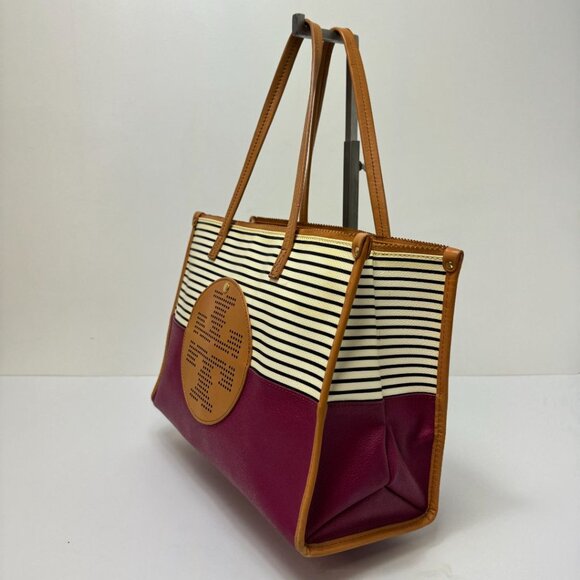 Tory Burch Viva Perforated Logo Colorblock Leather Tote Black White Burgundy - Picture 3 of 7